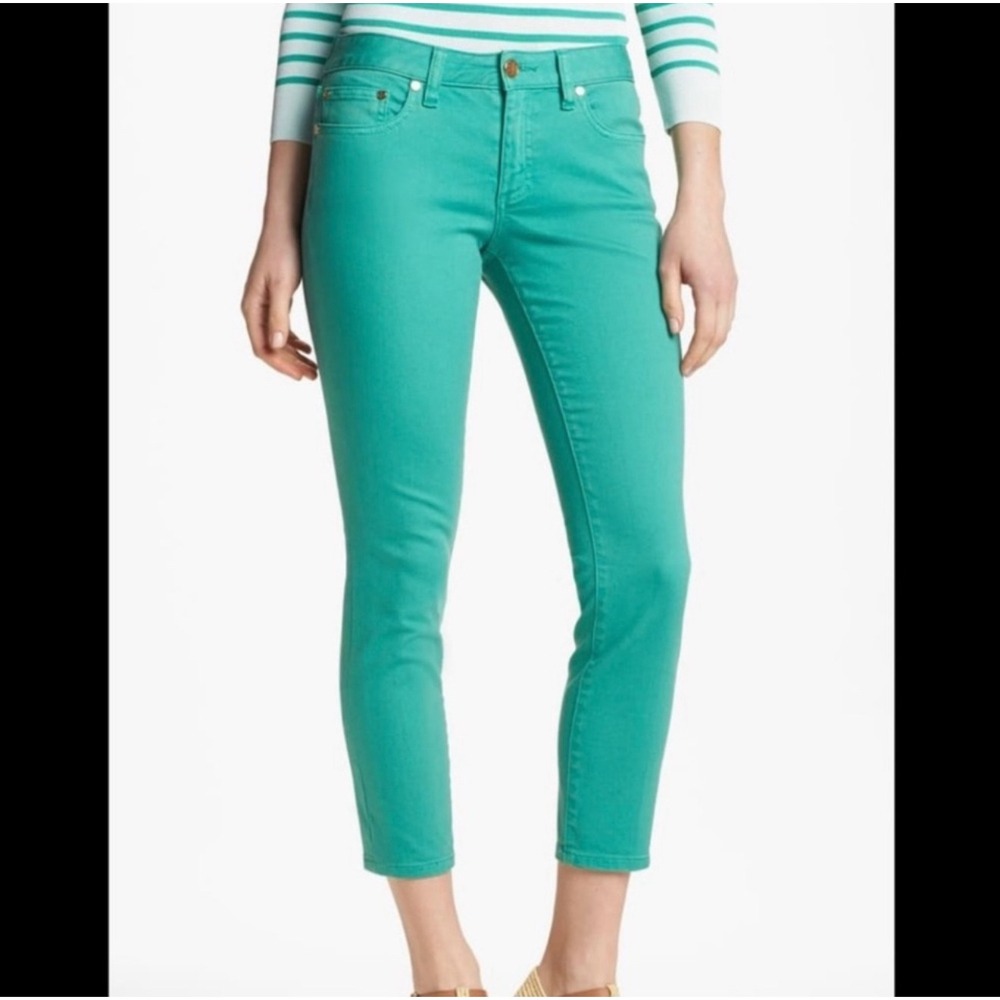 Tory Burch Designer Alexa Cropped Skinny‎ Jeans Pants Green Gold Bottoms sz 31